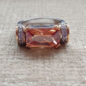 Gold And Silver Tone Multi-Faceted Orange Glass Ring